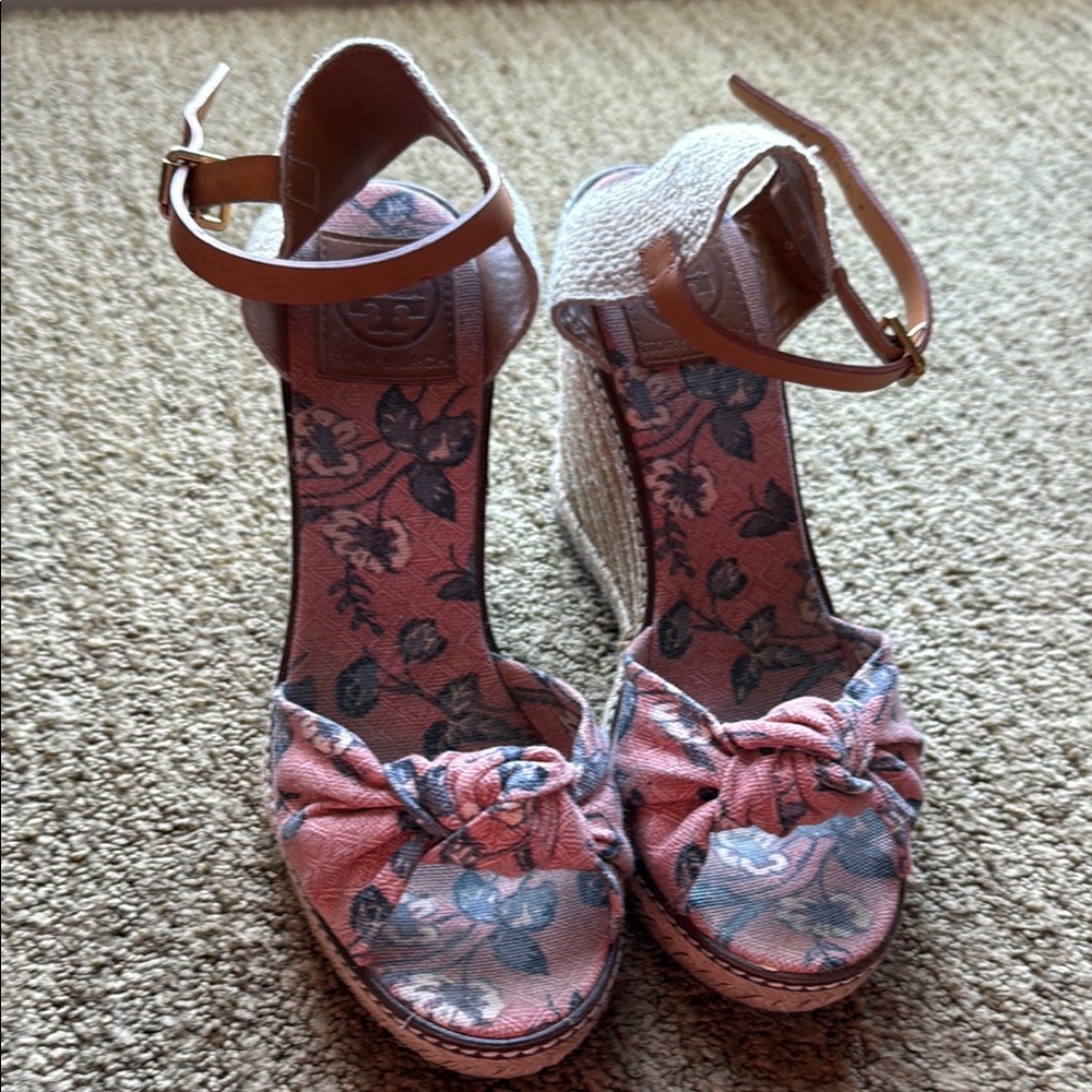 Tory Burch Floral Wedge Sandals with Ankle Strap